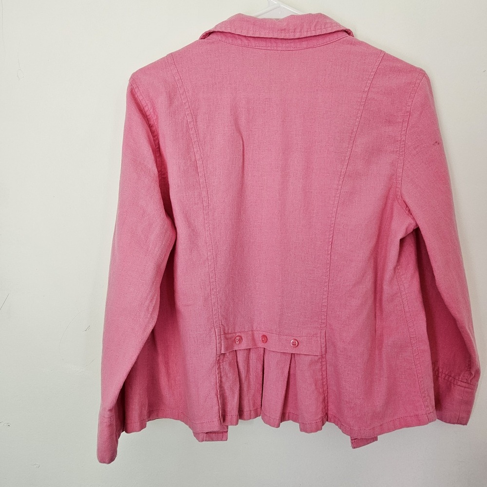 Christopher Banks Womens Jacket M Pink Ruffle Linen Rayon 3/4 Sleeve Feminine